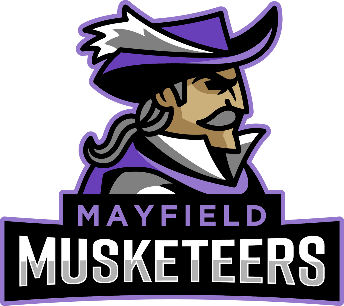Mayfield musketeer logo of a musketeer man wearing purple
